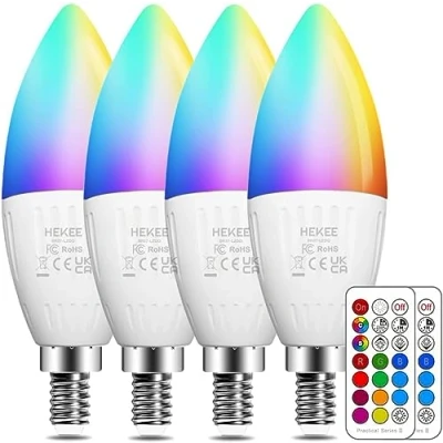 Obrázek HEKEE E14 LED žárovka 5 W (nahrazuje 40 W), svíčka žárovka, RGBW s dálkovým ovládáním teplá bílá 2700 K prostředí RGB střídání barev barevné (balení 4 ks)
