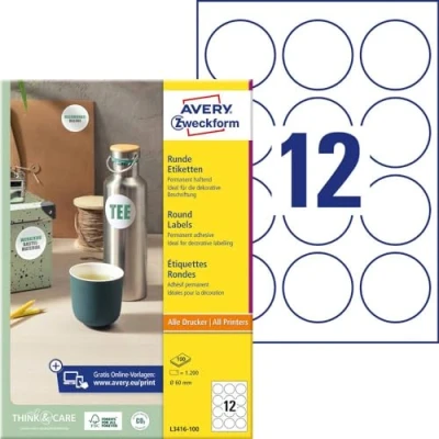 Obrázek AVERY Zweckform L3416 100 kulaté etikety (k tisku, samolepicí, Ø 60 mm, A4, 1. 200 nálepek na listů, lepicí body pro označování dokumentů, výrobků), bílé