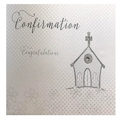 Obrázek white cotton cards Blahopřání k biřmování nebo biřmování, s nápisem Your Confirmation Congratulations, 1dílné, ručně vyrobené, design se stříbrným kostelem