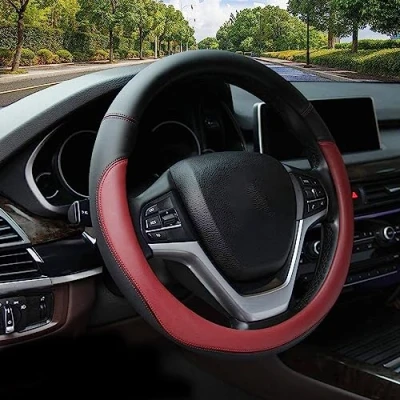 Obrázek Valleycomfy Potahy volantů pro ženy a muže univerzální 37 39 cm Potah na volant umělá kůže, vínově červená