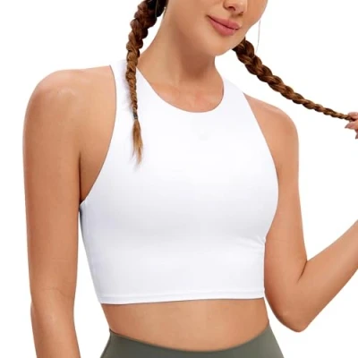 Obrázek CRZ Yoga Dámská Butterluxe racerback sportovní podprsenka vycpaná bez kostic Crop Tops Longline Tank Top Fitness Sports Bra, bílá