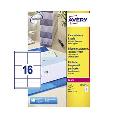 Obrázek Avery L7562 25 Adresní štítky 16 pro Folio 99,1 X 33,9 mm 400 kusů Průhledná