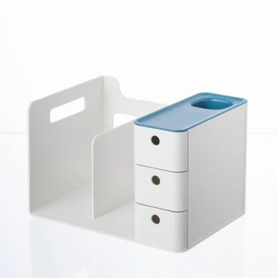 Obrázek HKeeper Klassischer Schreibtisch Organizer aus weißem Kunststoff, 2 Bücherhalter mit 3 Schubladenboxen, 1 Stifthalter (Weiß + Blau)