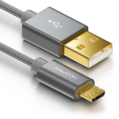 Obrázek deleyCON Micro USB kabel 1 m nylon + kovová zástrčka nabíjecí datový rychlonabíjecí Smartphone Tablet PC Laptop Notebook šedý
