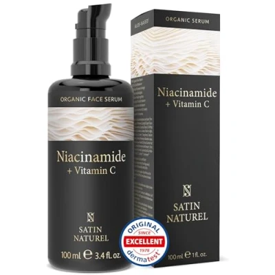 Obrázek Niacinamide sérum 100 ml 100% veganské proti přebytečnému oleji a zarudnutí zmenšení pórů s vitaminem C + bio Aloe Vera odstraňuje nečistoty pleti Skincare Satin Naturel