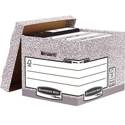 Obrázek BANKERS box Archivní s víkem, systémová série, extra stabilní, pro pořadače/kroužkové pořadače/archivní krabičky/závěsné složky, ze 100% recyklované vlnité lepenky, barva: šedá/bílá, 10 kusů