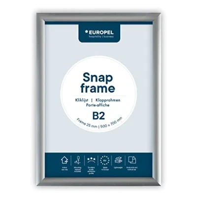 Obrázek EUROPEL 355012 Skládací rám B2 s 25 mm hliníkovým profilem výklopný plakát pokosovým rohem zaklapávací pro mimo jiné plakáty, certifikáty, fotografie a reklamní materiály stříbro, 50