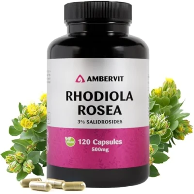 Obrázek Rhodiola Rosea kapsle z růžice ve vysokých dávkách 500 mg s 3% salidrosidy 120 kusů Vegan Radiola extrakt kořene Žádná umělá plniva, bez alergenů Ambervit