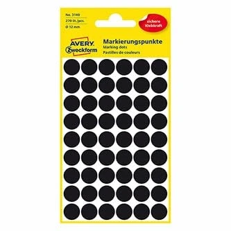 Obrázek AVERY Zweckform 3140 samolepicích značkovacích bodů 270 kusů (Ø12 mm, lepicí body na 5 arších, puntíkové nálepky pro barevné kódování, kulaté kalendář, plánovač a kutilství, papír) černá