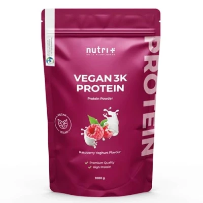 Obrázek Veganský proteinový prášek malinový jogurt 1 kg 80 % bílkovin 3k Raspberry Yogurt 1000 g bez mléka a laktózy Nutri + Vegan