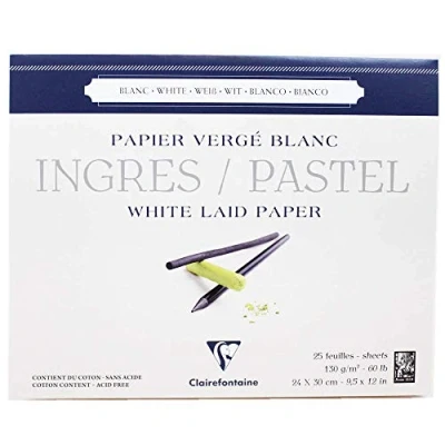 Obrázek Clairefontaine 96482C kreslicí blok Ingres (lepený na hlavové straně, 24 x 30 cm, 25 listů, zrnitý, 130 g, ideální pro suché techniky, pastelové) bílý