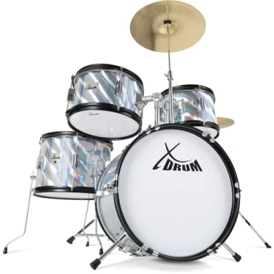 Obrázek XDrum Junior Pro děti bicí nástroj Laser Silver vhodné od 5 9 let sada bubnů s kompletním příslušenstvím vč. školy stříbrná