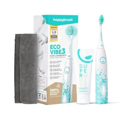 Obrázek happybrush [Vítěz testu*] elektrický sonický zubní kartáček ECO VIBE 3 s nabíječkou 6 týdnů vč. cestovního pouzdra a pasty SuperWhite bílá/mátová
