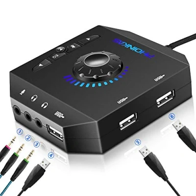 Obrázek Externí zvuková karta, PHOINIKAS T10 USB audio adaptér pro PC Windows, Mac, Linux, laptopy, stereo karta s 3,5 mm rozhraním a rozhraním, Plug &amp; Play (6 v 1, černá)