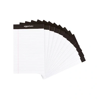 Obrázek Amazon Basics Legální/široce linkované 50 A5 listů na každé podložce, 21,6 cm x 30 (balení po 12 kusech), bílé