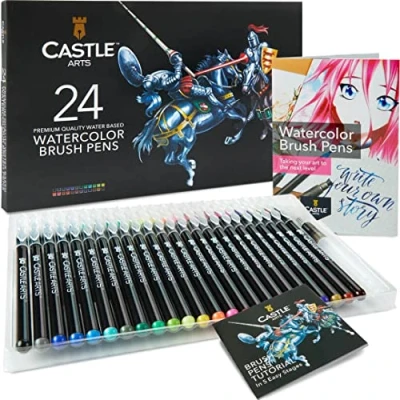 Obrázek Castle Art Supplies Aquarell Pinselstiftset 24 lebendige Farben, mit flexiblen Nylonspitzen Malen, Zeichnen, Lettering für erfahrene Künstler und Anfänger Reiseetui extra Wasserpinsel Stift