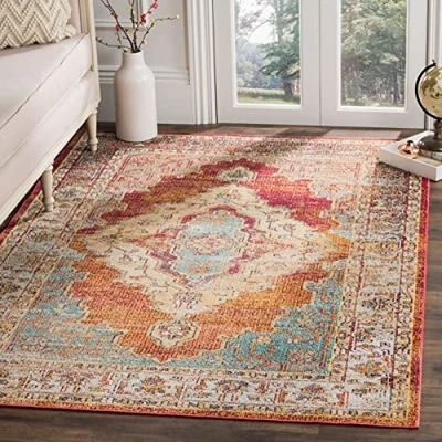 Obrázek SAFAVIEH Boho Teppich für Wohnzimmer, Esszimmer, Schlafzimmer Crystal Collection, Kurzer Flor, Orange und Hellblau, 91 X 152 cm