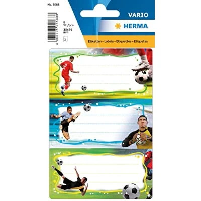 Obrázek HERMA 5588 knižní štítky k popsání fotbal, 6 kusů, 76 x 35 mm, samolepicí, linkované, nálepky na knihu pro školu, děti, dívky, chlapce, vícebarevné sešity, barevné