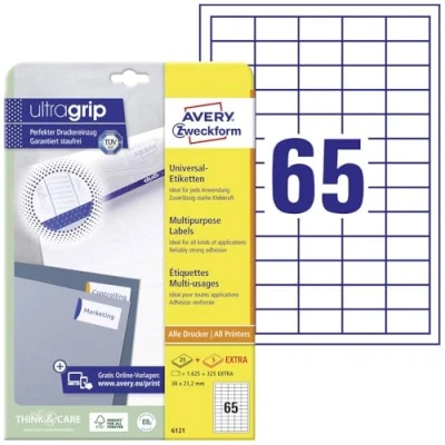Obrázek AVERY Zweckform Univerzální etikety 6121 (1. 625 plus 325 samolepicích etiket navíc, 38 x 21,2 mm na A4, papír matný, individuálně potisknutelné, samolepicí nálepky s ultragrip) 30 listů, bílé