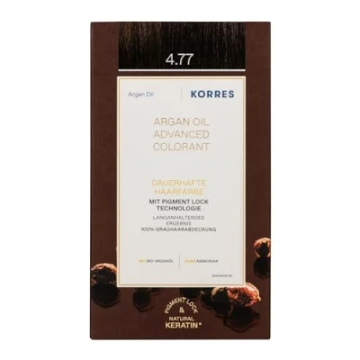 Obrázek KORRES Argan Oil Colorant barva na vlasy bez amoniaku čokoládově hnědá 4. 77 100% zakrytí šedých vlasů a veganská pro dlouhotrvající barevný výsledek