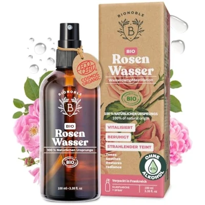 Obrázek Bionoble Růžová voda Bio 100 ml hydrolát z damascenské růže, 100% čistá a přírodní obličej, oční partie, tělo, vlasy Rose Water skleněná láhev + sprej