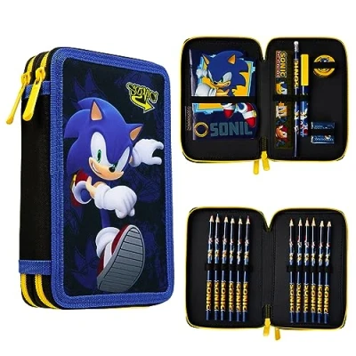 Obrázek Sonic 2 Penál chlapci vč. psacích potřeb pro základní školu se přihrádkami, modrá,