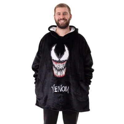 Obrázek Marvel Venom pánská přenosná přikrývka Hoodie Fleecová mikina s kapucí pro dospělé v černé barvě venomovým charakterem Lounge wear kapsami šerpou oficiální film superhrdinů, černá