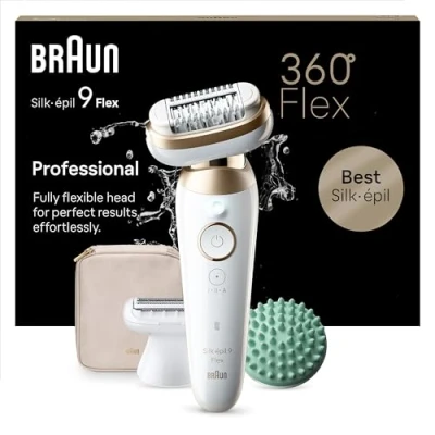Obrázek Braun Dámský epilátor Silk épil 9 Flex, odstraňovač chloupků pro dlouhotrvající odstraňování chloupků, nástavec na holení, masážní nástavec, vyrobeno v Německu, 071 3D, bílý/zlatý