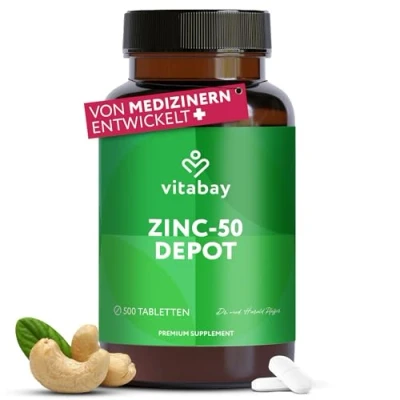Obrázek Vitabay Vysoká dávka zinku 50 mg 500 veganských zinkových tablet ve vysokých dávkách (jedna tableta každé 2 dny) zinkový doplněk jako glukonát zinkové tablety nejvyšší kvality