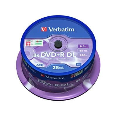 Obrázek Verbatim DVD+R Double Layer Matt Silver 8,5 GB, balení 25 ks vřetena, zapisovatelných polotovarů DVD, 8násobná rychlost hoření a Hardcoat Scratch Guard, prázdné DVD R,