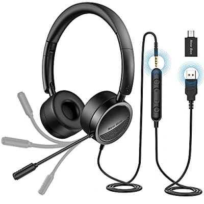 Obrázek PC Headset s mikrofonem New Bee USB/3,5 mm Business Noise Cancelling a jasný stereo zvuk pro Call Center, Office telefonní konference, Skype chat, webinářské prezentace, online kurzy hudbu