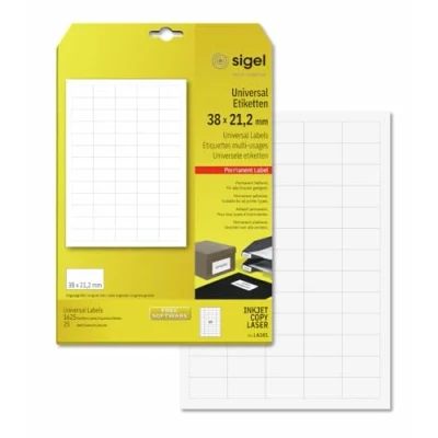 Obrázek SIGEL LA101 Mini etikety samolepicí, potiskovatelné, bílé, např. cenové označení, 38 x 21,2 mm, 1625 etiket = 25 listů