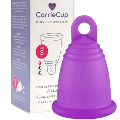 Obrázek CarrieCup menstruační kalíšek malý, Made in Germany vč. sáčku bez BPA, alternativa k tamponům a obvazům, silikonu, košíček, fialový