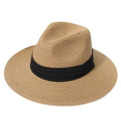 Obrázek DRESHOW Dámský klobouk Panama široký krempa sláma léto Fedora slaměný navinutý pláž rolovatelný UV proti slunci UPF 50 +, Short Brim: Khaki With Brown Belt