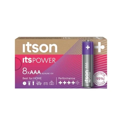 Obrázek ITSON, Baterie AAA, 8 kusů, 1,5 V, alkalické baterie, pro hodinky, kapesní svítilny, dálkové ovládání, ekologické balení 95 % recyklované