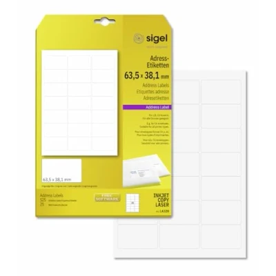 Obrázek SIGEL LA320 zaoblené adresní etikety samolepicí, potiskovatelné, bílé, 63,5 x 38,1 mm, 525 etiket = 25 listů