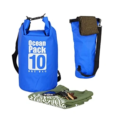 Obrázek Relaxdays Ocean Pack 10 l, vodotěsný Dry Bag, ultralehký suchý pytel na plachtění, rafting, lyžování, modrá, outdoorový