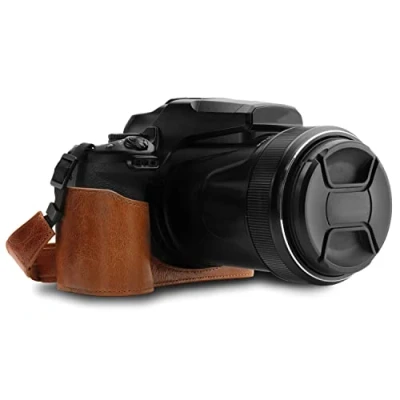 Obrázek MegaGear MG1534 Nikon Coolpix P1000 Ever Ready Leder Kamera Halbtasche mit Trageriemen Dunkelbraun