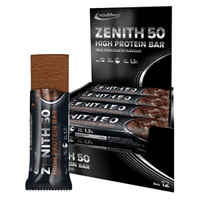Obrázek IronMaxx Zenith 50 XL High Protein Bar Milk Chocolate 12 x 100 g proteinové tyčinky s % obsahem bílkovin low carb, sugar důležitými aminokyselinami