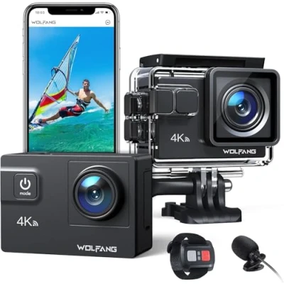Obrázek WOLFANG GA300 Action Cam 4K 60FPS 24MP podvodní kamera, WiFi 40M, vodotěsná 2,0 EIS, stabilizátor obrazu, dotyková obrazovka, kamera na přilbu, 8x zoom (externí mikrofon, 2x 1350 mAh akumulátory a