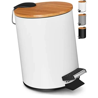 Obrázek Kosmetický koš 3l v ušlechtilém bílém designu odpadkový s automatickým sklápěním (Soft Close) elegantní kbelík do koupelny vnitřní nádobou a bambusovým dřevěným víkem