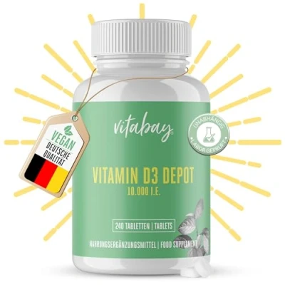 Obrázek Vitabay vitamín D3 Depot 10000 I.E. 240 Veganské tablety vitamin D vysoké dávky vitamínu vitaminu kapsle Vit