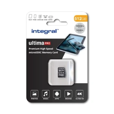 Obrázek Integral 512 GB Micro SD karta 4K Video Premium High Speed paměťová SDXC až 100 MB/s rychlost čtení a 50MB/s zápisu V30 C10 U3 UHS I A1