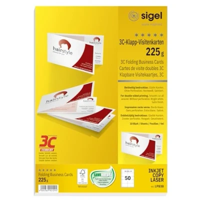 Obrázek SIGEL LP838 skládací vizitky 3C, 50 kusů = 10 listů, oboustranně potištěné, vysoce bílé, hladký střih kulatý, 180 x 55 mm