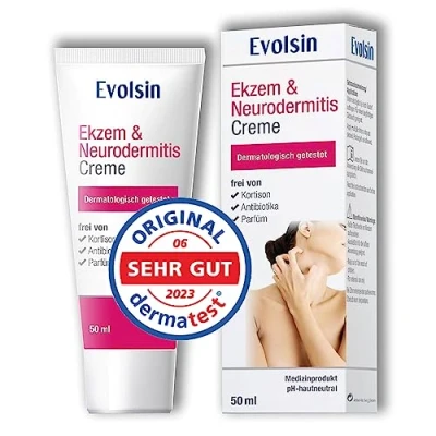 Obrázek Vítěz ve srovnávání: Evolsin® krém na ekzém a neurodermitidu I BEZ KORTISON Lotion, mast pro podrážděnou, suchou, svědivou podrážděnou pokožku léčí zmírňuje svědění klinicky testováno