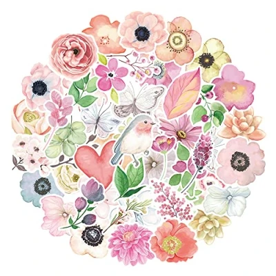 Obrázek MARSFORCE Květinové nálepky, Flowers vodotěsné vinylové nálepky na laptop, lahve vodu, skateboard, zavazadlo, kolo, kytara, PS4, kufr, diář, zápisník, mobil, podložka [50 kusů]