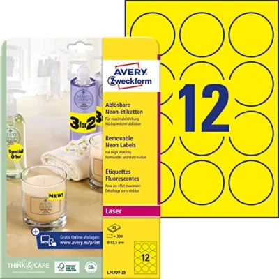 Obrázek AVERY Zweckform L7670Y 25 kulaté svítící neonově žluté etikety (Ø63,5 mm na DIN A4, odstranitelné, samolepicí, potištěné, barevné lepicí pro nápadné označení) 300 nálepek listů