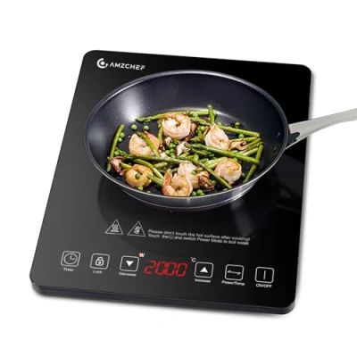 Obrázek AMZCHEF Indukční varná deska, 2000 W jednoindukční deska se štíhlým designem, 10 výkonových stupňů, nastavení teploty, bezpečnostní blokování, 3hodinový časovač, černý