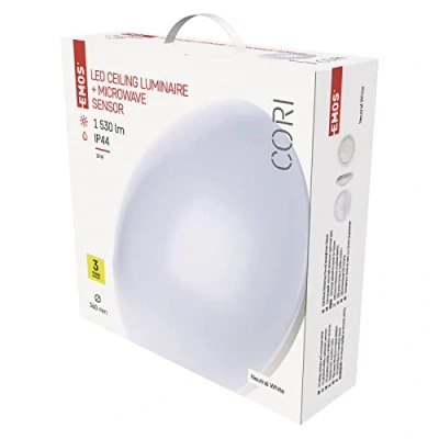 Obrázek EMOS Stropní světlo/nástěnné svítidlo s detektorem pohybu, 1530 lm, 4000 K neutrální bílá, 18W LED panel kulatý průměrem 410 mm, ZM3412, bílý, 40 x 11,5 cm