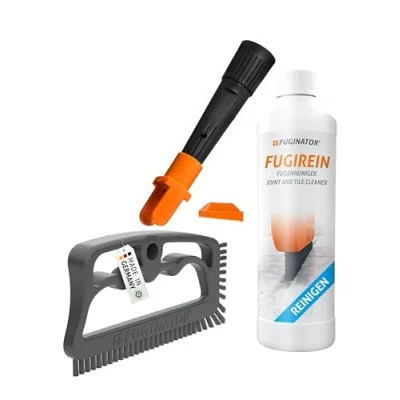Obrázek FUGINATOR® Trio s kartáčem na spáry v šedé/šedé barvě, EU adaptérem a čističem spár 250 ml čištění ve stojaté poloze pro dlaždice, WC, koupelnu atd. Vhodné silikonové Kartáč tvrdými